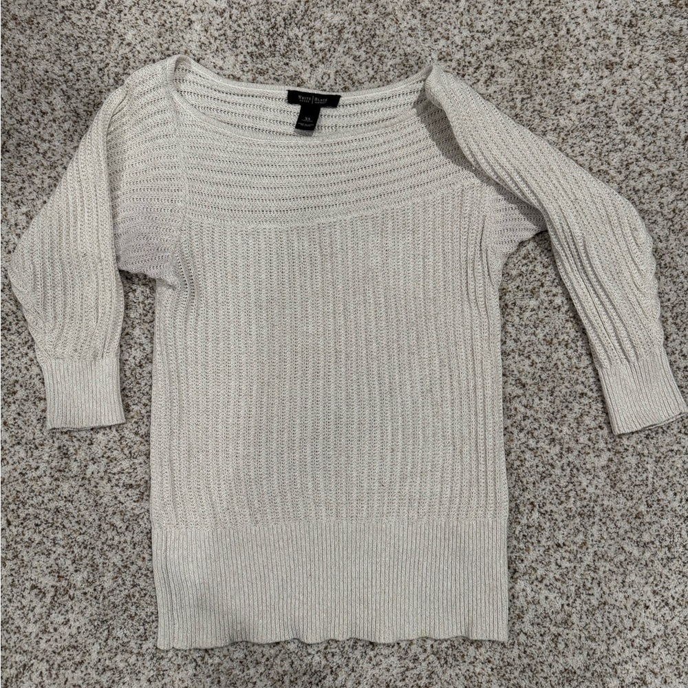 White House Black Market White Crew Neck Sweater with Ribbed Design